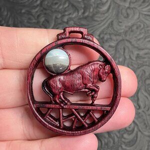 Taurus Bull and Amazonite Gemstone in Carved Wood Pendant Cabochon